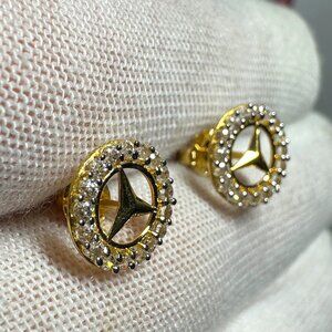 18K Yellow Gold Mercedes-Benz-Inspired Earrings with Cubic Zirconia